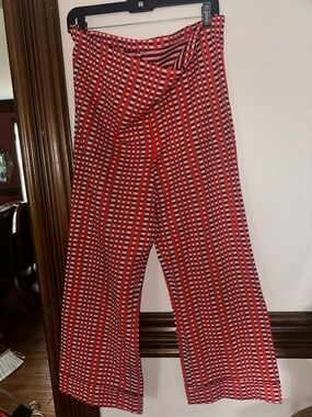 Vintage Red and Black Geometric Wide-Leg Pants